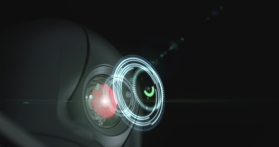 Futuristic security camera starts recording, monitoring video footage, surveillance interface AI futuristic program and people recognition system with digital hud elements