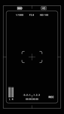 Vertical video animation of a DSLR smartphone display with multiple settings and timer. Recording interface for video.