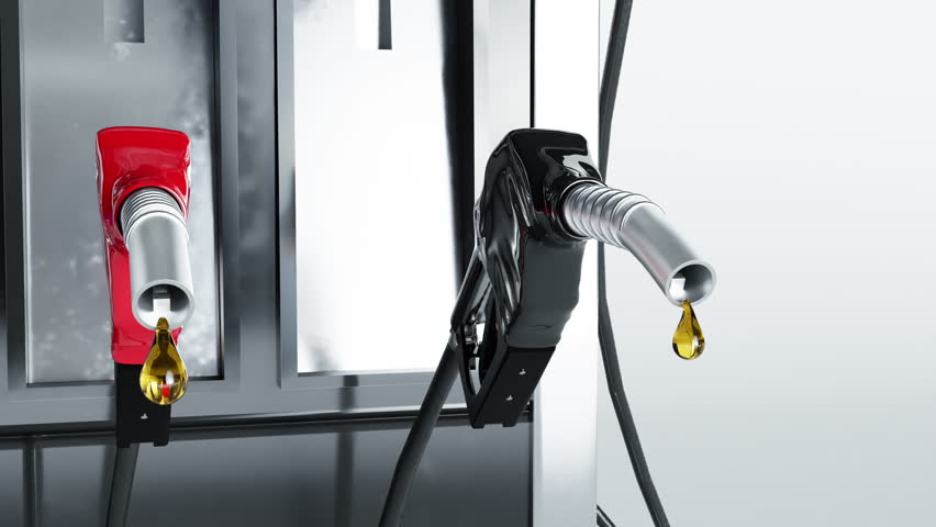 3D animation fuel pump nozzle dripping oil symbolizing global fuel crisis