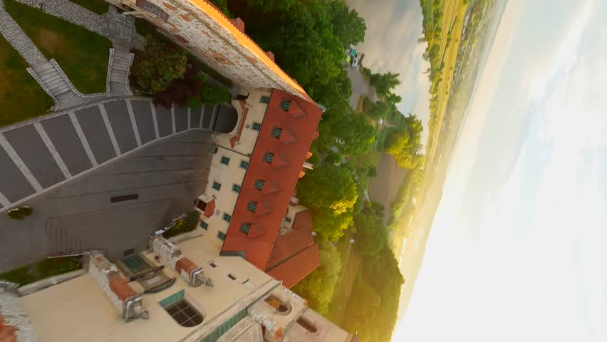 Unusual aerial view of Benedictine abbey in Tyniec, Poland at dawn. Speed ramp