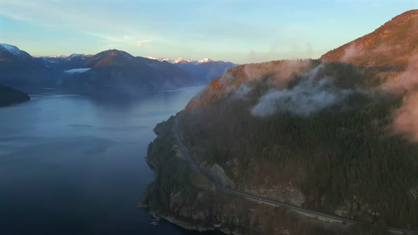 Aerial View on Sea to Sky Highway, Howe Sound and fjords. BC, Canada