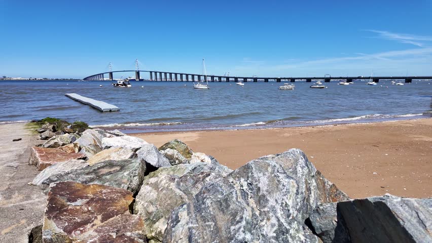 Saint-Nazaire bridge seen from the French coast, Saint-Brevin-les-Pins, France.