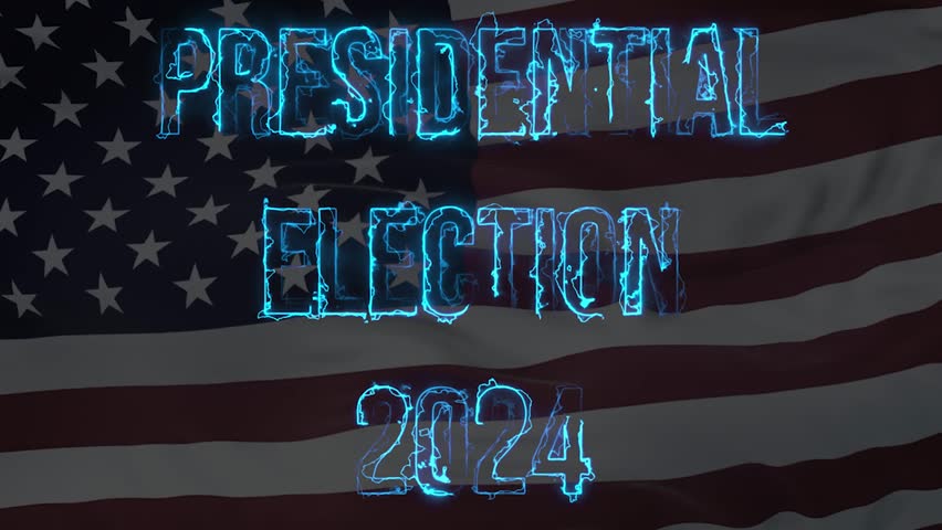 Footage features a text that says Presidential election 2024 in an electrical animated way with an dim American flag in the background waving