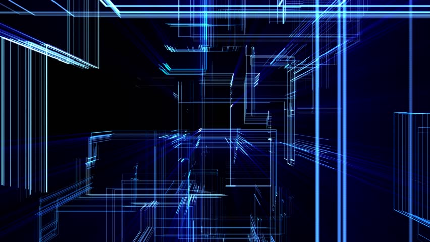 Futuristic background with transparent blue digital patterns and bright glow effect. Three dimensional animation with flying through cyber space with geometric shapes. Technology screensaver 4K 60 fps