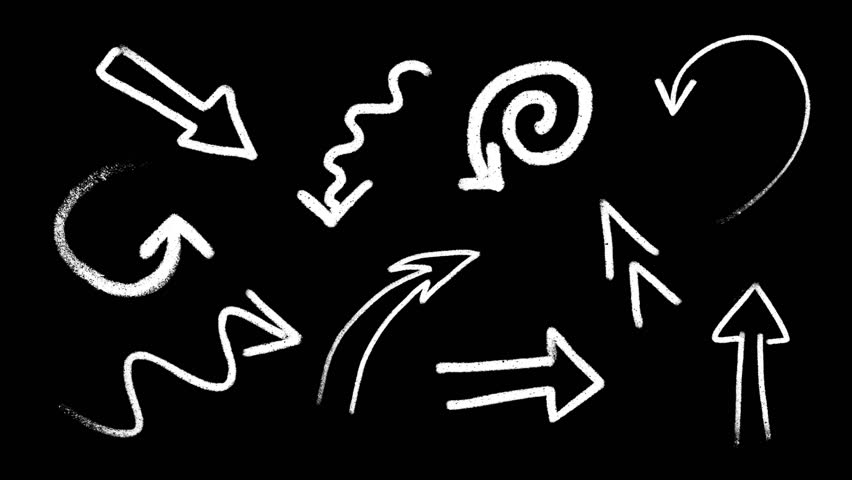 Set of hand drawn arrow animations. Arrow doodle on a transparent background. Video Alpha channel.  Arrow brush isolated on black background