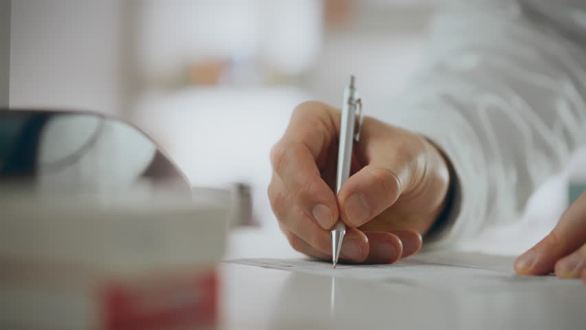 A young doctor of European appearance writes a prescription for a patient on a piece of paper. At a pharmacy kiosk, a drug specialist applies his skills by writing instructions for a client