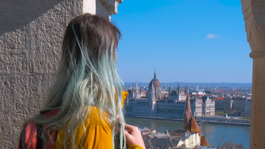 Girl look at budapest panorama. A pretty teen with blue hair look at the sunny Budapest on the Danube river during holiday time.