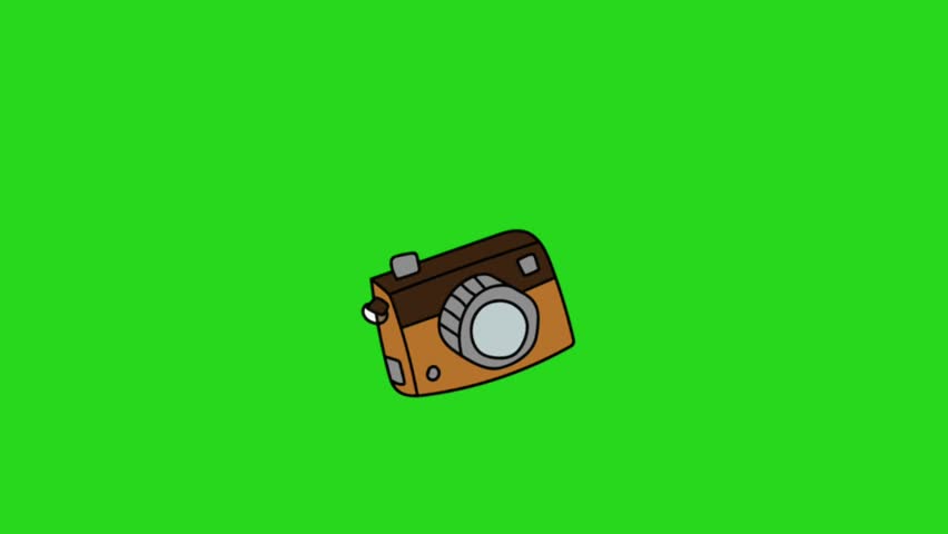 Digital camera photos illustration animation on green screen background, video animation, chroma key, Vector animation of cartoon camera shooting with green background, icon, Loop.