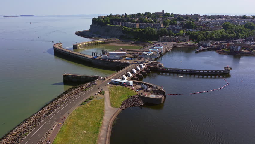 Low aerial view of Cardiff Bay Barrage on a summers afternoon