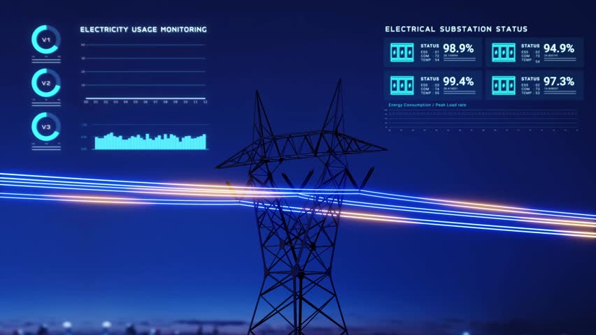 Electric transmission tower with glowing electricity flowing, electrical power transmit from high voltage substation infrastructure to city, energy usage monitoring dashboard interface 3d rendering 