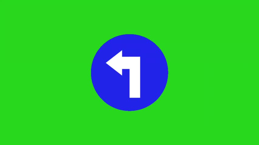 Turn left arrow, Vector graphic of a uk turn left road sign animation on green screen. It consists of a white arrow bent to the left within a blue, Turn left ahead The Highway Code Traffic Sign road.