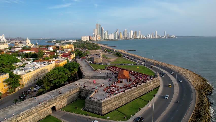 Beautiful aerial view of the walled city of Cartagena de Indias, in Colombia - the Santuario de San Pedro Claver, Torre del Reloj and the Catedral de Santa Catalina de Alejandría