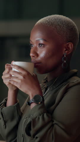 Night, business and black woman with coffee, relax and professional with aroma, calm and break. African person, employee and lawyer with herbal tea, cappuccino and legal aid with deadline or thinking