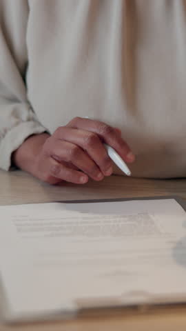 Woman, hands and signature on contract for life insurance, application and agreement for title deed. Female person, closeup and notary initial for inheritance or investment, assets and testament.