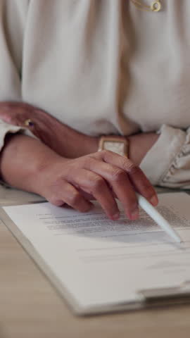Hands, woman and document for contract in office to review information, legal compliance and process of agreement. Person, reading and paperwork with signature, policy rules and assets opportunity