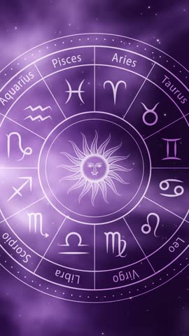 Signs of the zodiac on a space background.Horoscope, astrological signs of the sun in a purple wheel.Aquarius,libra,leo, taurus,cancer,pisces,virgo,capricorn,sagittarius,aries,gemini,scorpio.Astrology