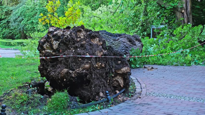 Fallen Tree Ripped with Roots From Ground in City Park by Strong Hurricane Wind Severe Weather Phenomenon