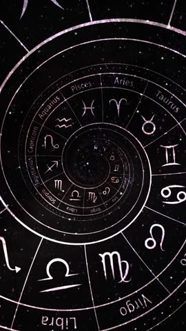 Zodiac astrology signs for horoscope, infinite zoom and tunnel effect on black and white. Good for birth chart or natal chart, future, tarot, prediction. Looped vertical background. Phone wallpaper