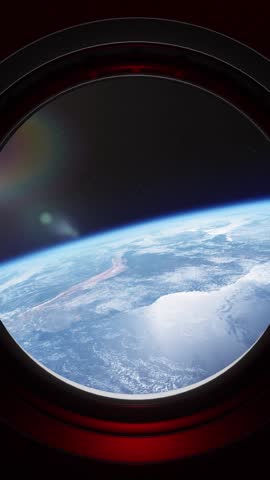 Panoramic animation from the porthole of a space station while flying over planet Earth. Earth through the porthole window of spaceship. Vertical Space perspective. Phone wallpaper