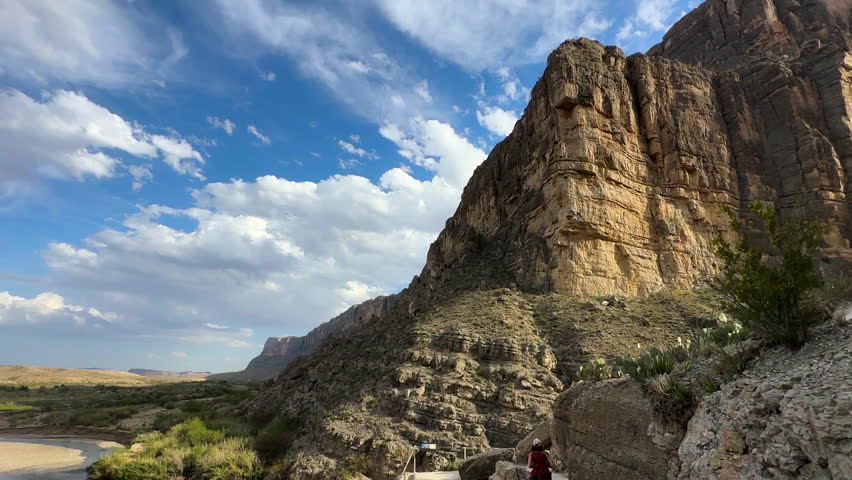 Young Woman on Hiking Trail in Big Bend National Park, Rio Grande and Santa Elena Canyon on Sunny Day
