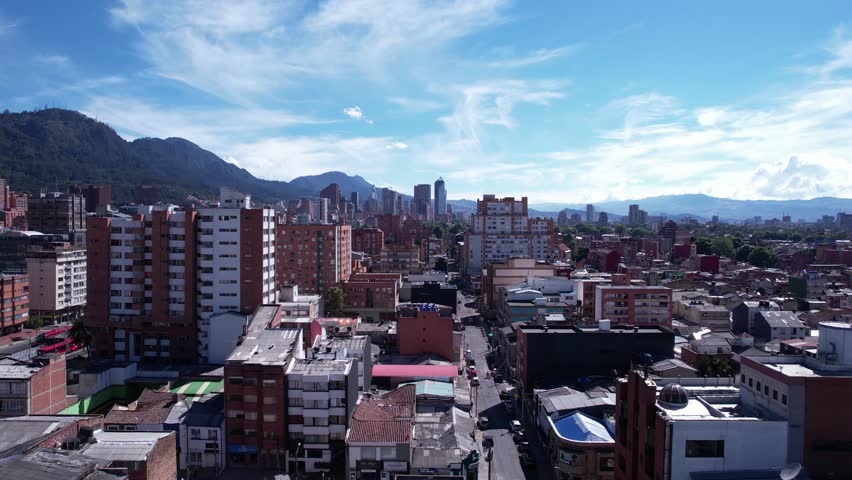 Bogota, Colombia. Establishing Drone Shot of Cityscape Skyline, Downtown Buildings From Chapinero Neighborhood