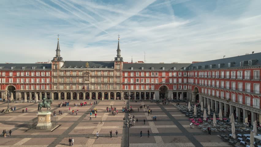 Madrid Spain time lapse high angle view city skyline at Plaza Mayor