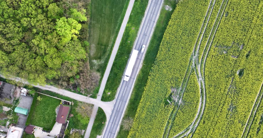 Aerial top down view of yellow canola fields next to a road with cars passing by