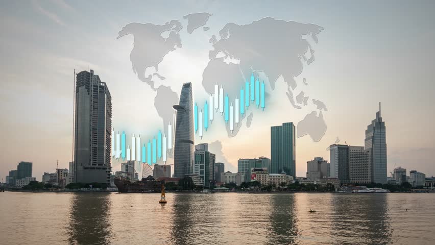 Time lapse of Smart city skyline with uptrend market chart as infographics animation and holographic world globe map, day to night Timelapse