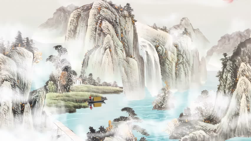 Peaceful ancient traditional Chinese Japanese landscape ink Painting travel trendy of beautiful calm trees, mountains, flowers, lake, water, birds, blue sky, boat, cherry blossoms season