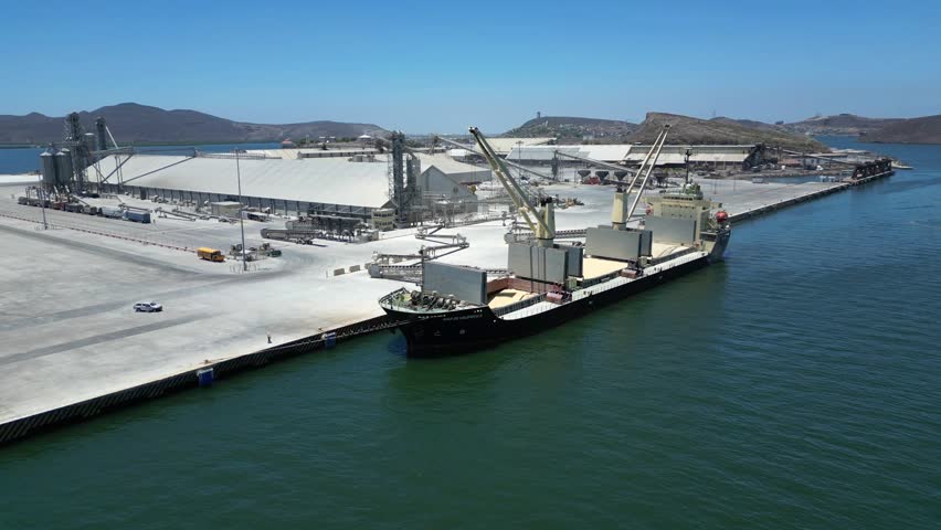 Fly away or dronie of a corn cargo ship at the commercial dock loading corn