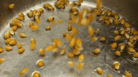 Popcorn grains fall to the bottom of a metal pan with hot vegetable oil. The process of cooking popcorn. Slow motion. - Powered by Shutterstock - Get 15% off with code: PIKWIZARD15