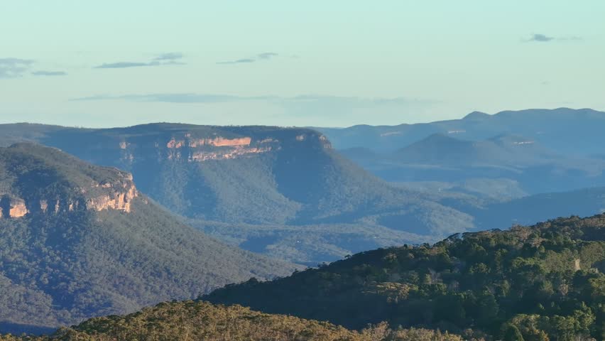 An aerial view of the iconic and aptly named Blue Mountains, near Katoomba in New South Wales, Australia.
