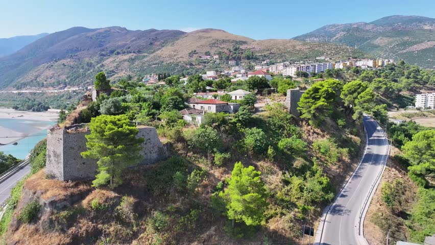 Albania Tepelen city landscapes. Old stone castle morning