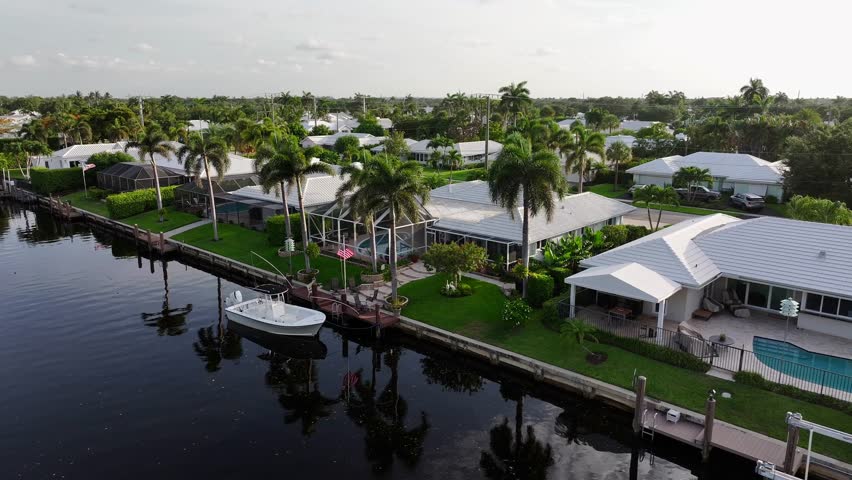 Waterfront homes with boat docks and palm trees in Florida. American flag and lush gardens by the canal. Aerial.