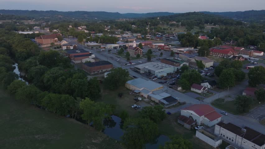 Aerial view of courthouse and town square of Woodbury Tennessee at dusk
