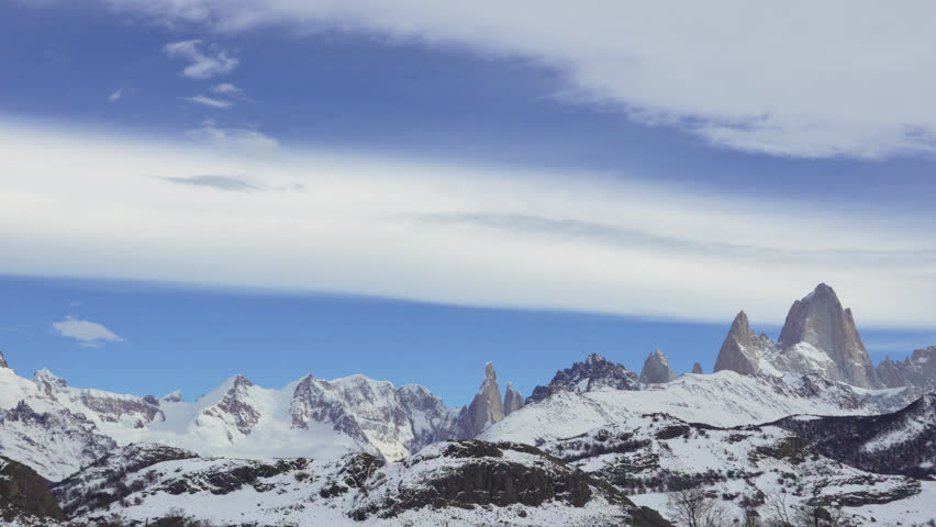 Incredible view overlooking Mount Fitz Roy and Cerro Torre peaks in winter, El Chalten, Patagonia, Argentina