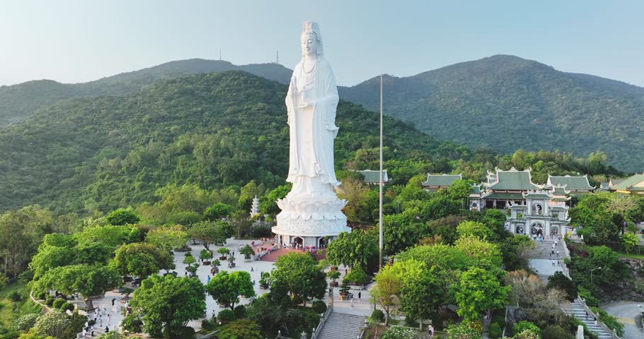 Aerial view of Ling Ung pagoda, Son Tra peninsula, Da Nang, Vietnam.