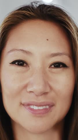 Portraits of Happy Asian People Looking at Camera in One Vertical Set. Many Optimistic Faces of Young Glad Women in Serie Footage for Animated Collage. Inspiration Collection Beautiful Asia Citizens