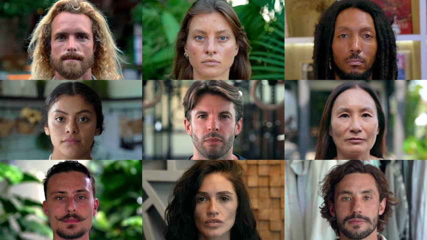Beautiful Portraits of Happy People Looking at Camera in Multi Screens Composition. Footage Set of Charming Faces on Series of Bright Backgrounds. Isolated Headshots Montage of Smiling Men and Women