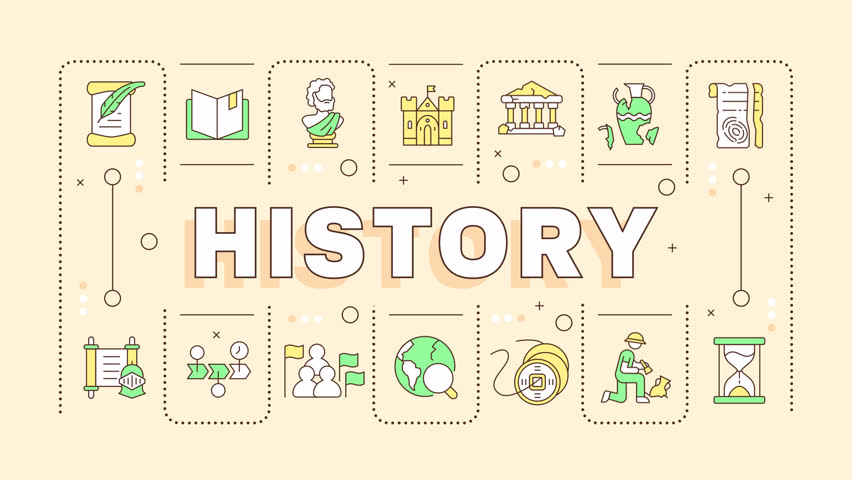 History word concept animation. Cultural heritage, anthropology. Archeology education. School subject.Animated banner with colorful icons. HD video with alpha channel. Motion graphic