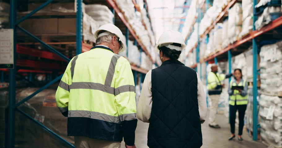 Logistics, people and teamwork inspection in warehouse with inventory check, supply chain or distribution safety. Cargo shipping, supervisor back and discussion for quality control or delivery import