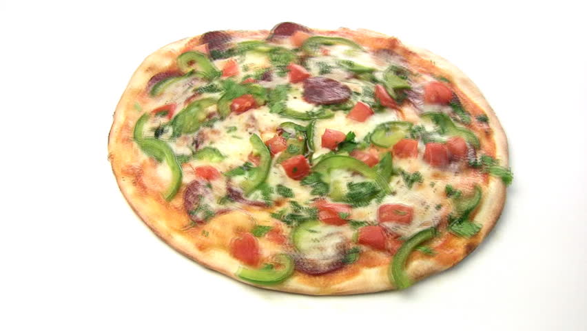Pizza with salami, pepper, dill, parsley, cheese rotate