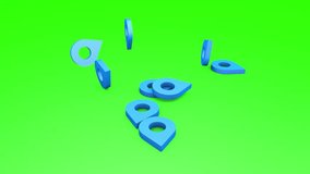 Blue geolocation icons fall on green screen. 3D animation. - Powered by Shutterstock - Get 15% off with code: PIKWIZARD15