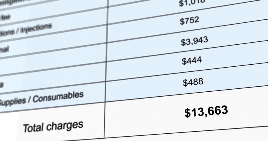 Medical billing statement with animated increasing numbers of cost of services, hospital treatment invoice close-up, footage