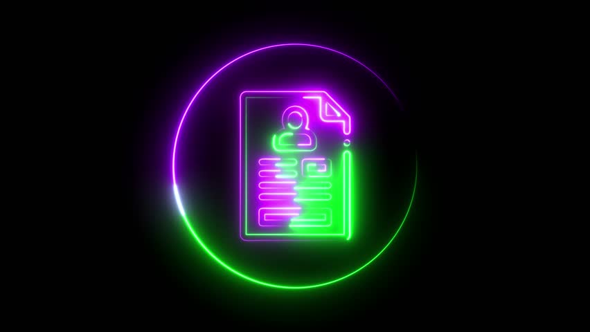 Animated Icon data analgesics document and curriculum vitae, glowing neon sign .