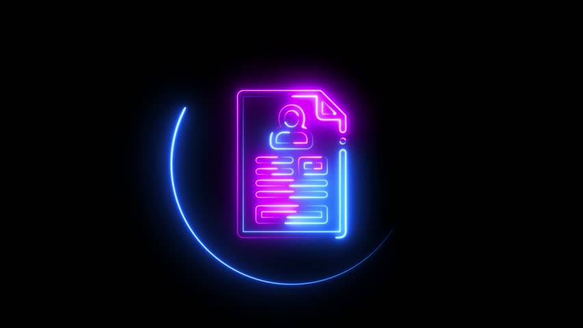 Animated Icon data analgesics document and curriculum vitae, glowing neon sign .