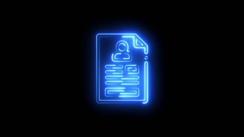 Animated Icon data analgesics document and curriculum vitae, glowing neon sign .