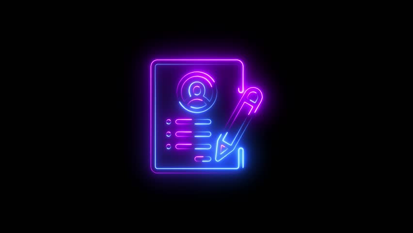 Animated Icon data analgesics document and curriculum vitae, glowing neon sign .