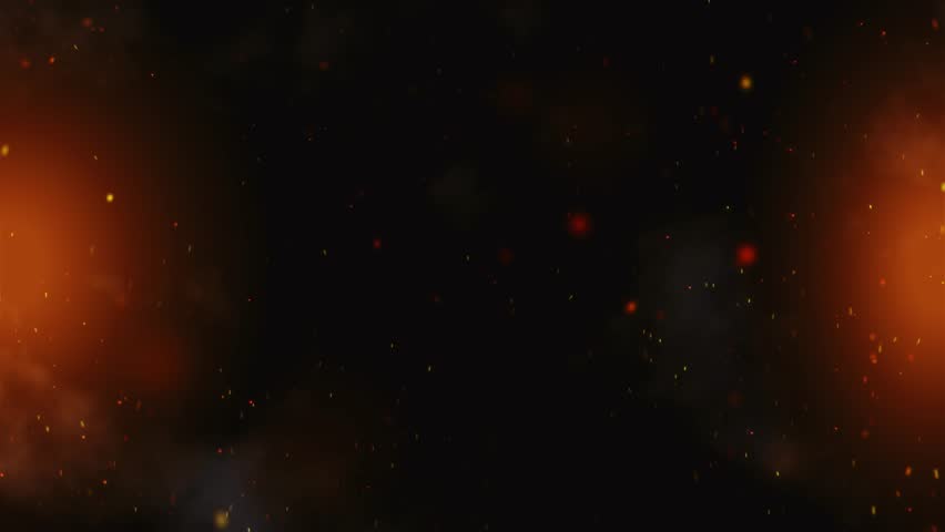 Flying fire sparks on a black background, create abstract glowing particles and smoke. Animation of fiery orange glowing ember particles