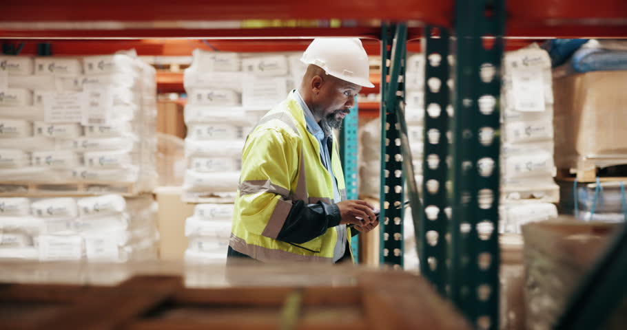Stress, black man and logistics worker in warehouse with headache for stock inventory for distribution. Industry, burnout and African male supply chain operator for freight shipping in storage.